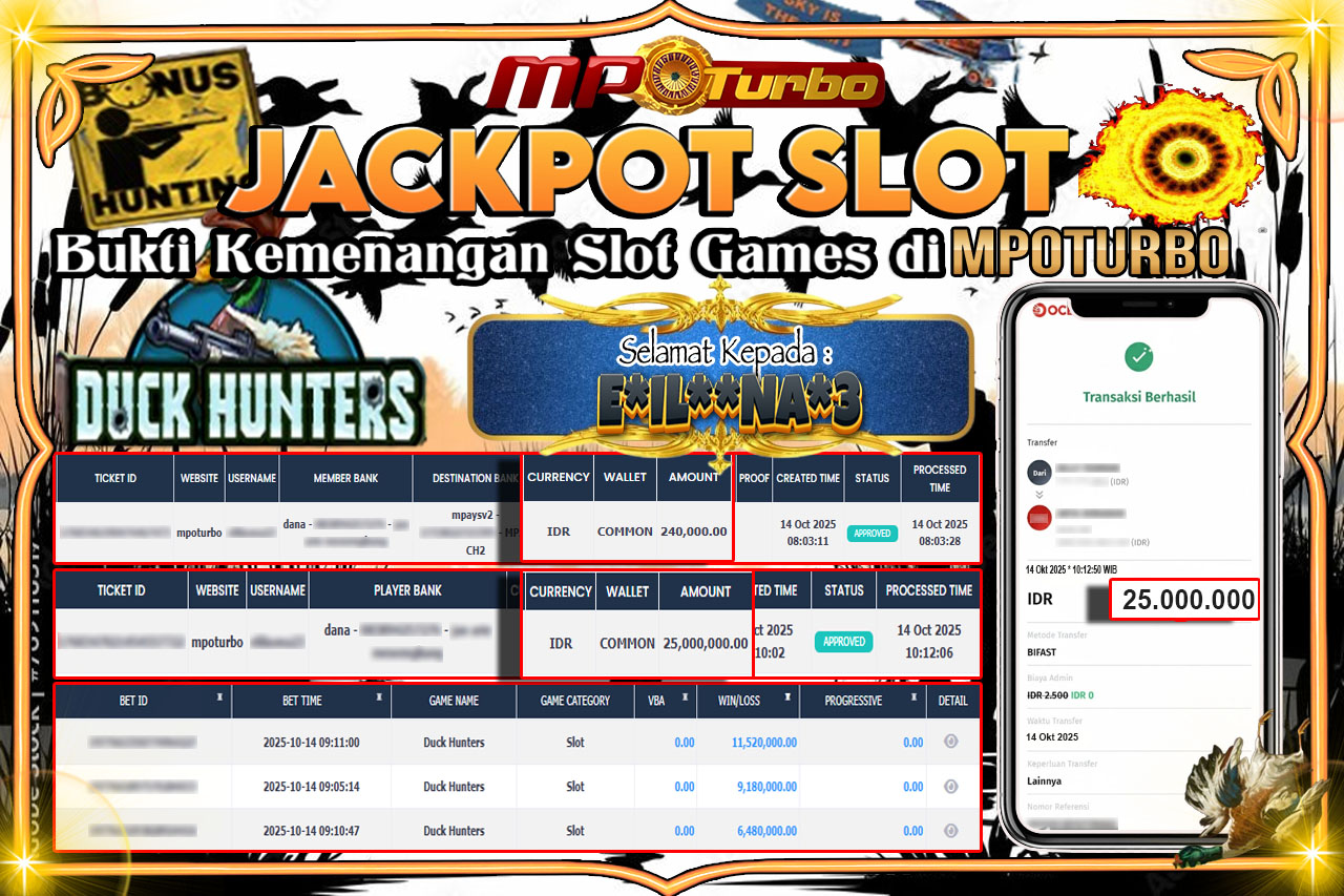 MPOTURBO JACKPOT DUCK HUNTERS - NOLIMIT CITY Rp 25,000,000.00,- LUNAS